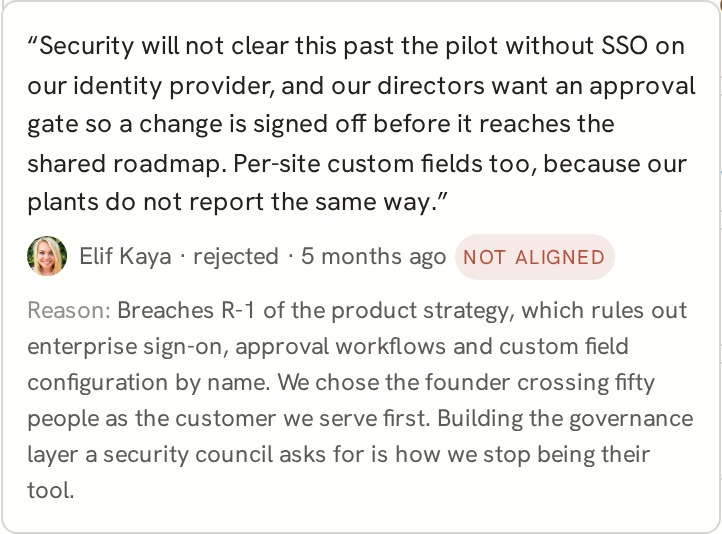 The past rejection opened: the customer's words, who rejected it and when, and the reason, which names the strategy rule the ask breaches.
